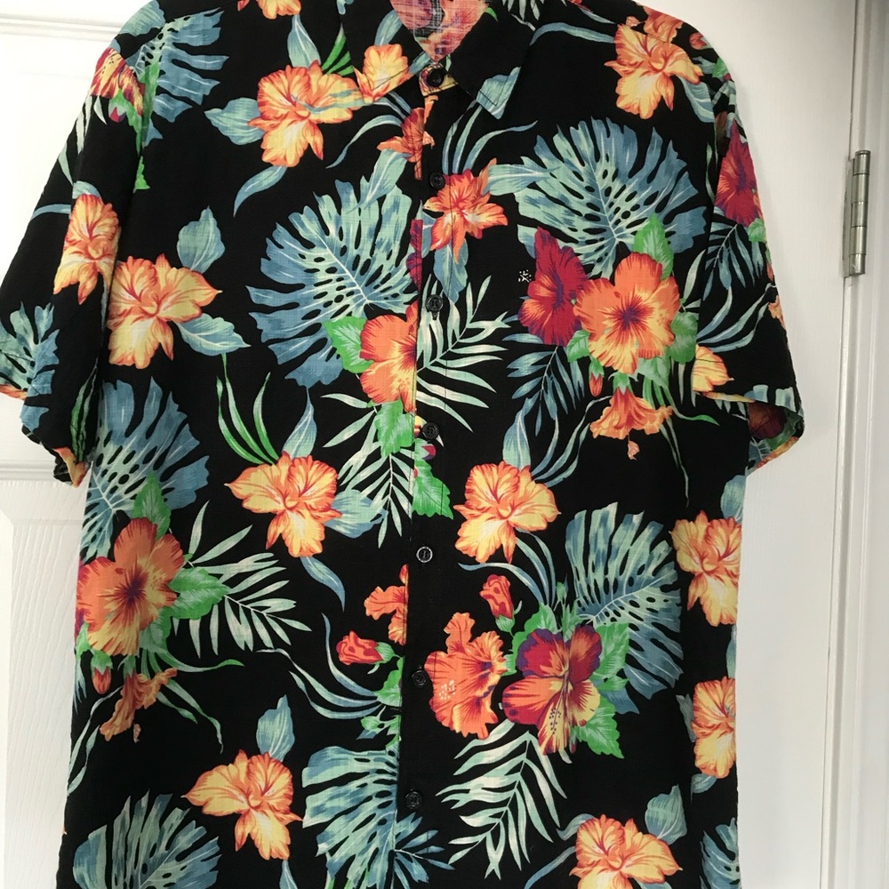 Tropical Floral Button Down Shirt - Black